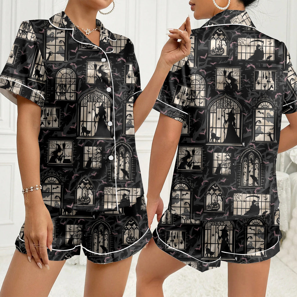 Women’s Black Haunted House Halloween Satin Pajama Set