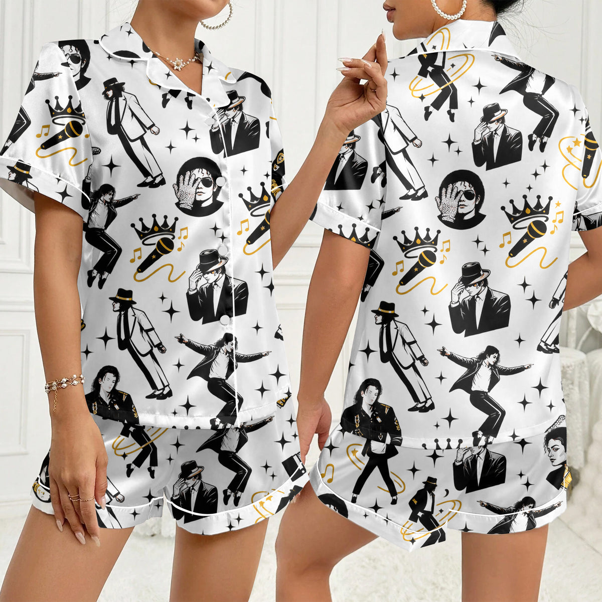 Women’s White Pop Music Icon Satin Pajama Set