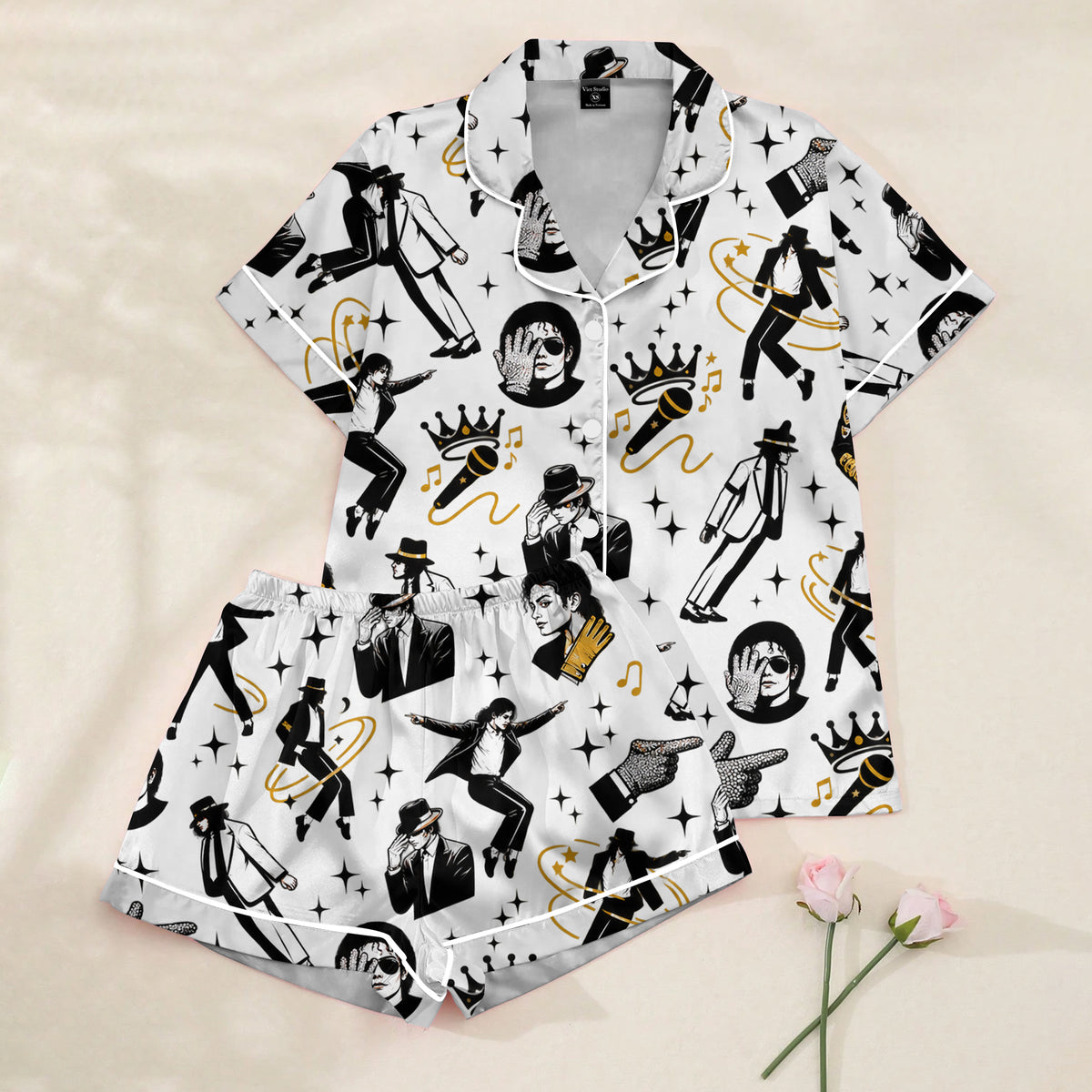 Women’s White Pop Music Icon Satin Pajama Set