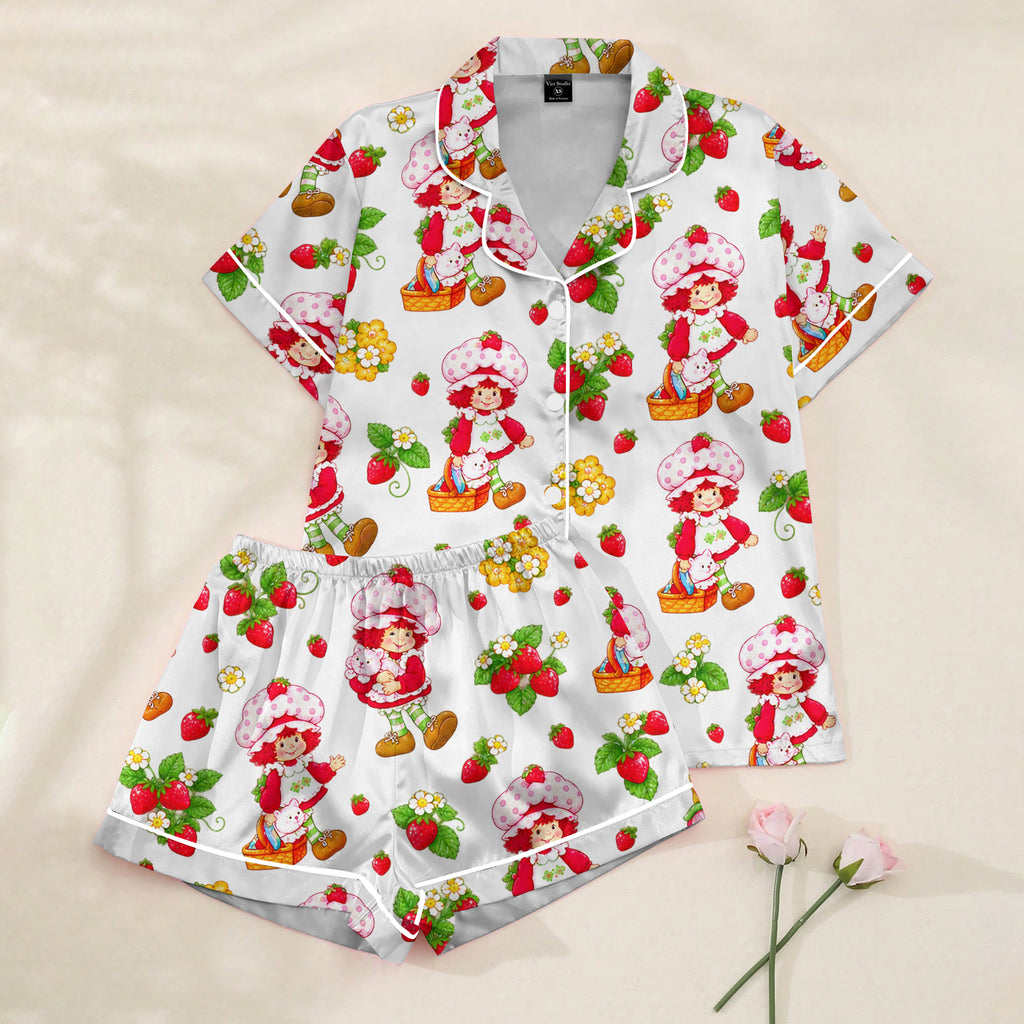 Women’s White Strawberry Shortcake Satin Pajama Set