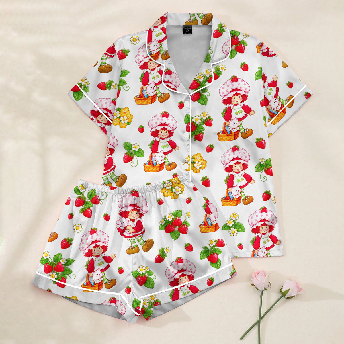 Women’s White Strawberry Shortcake Satin Pajama Set