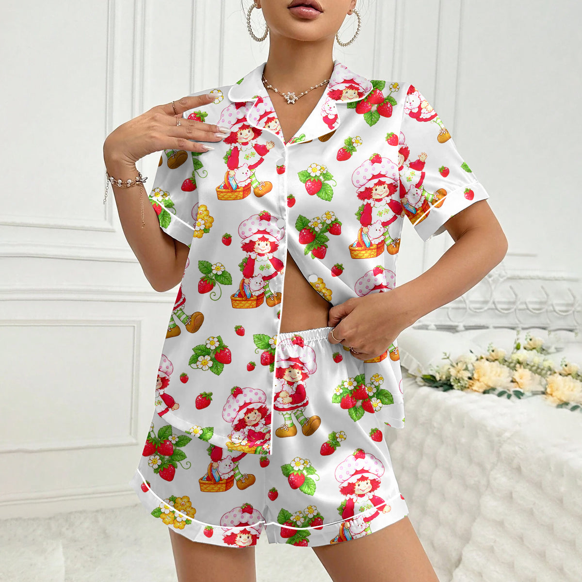 Women’s White Strawberry Shortcake Satin Pajama Set