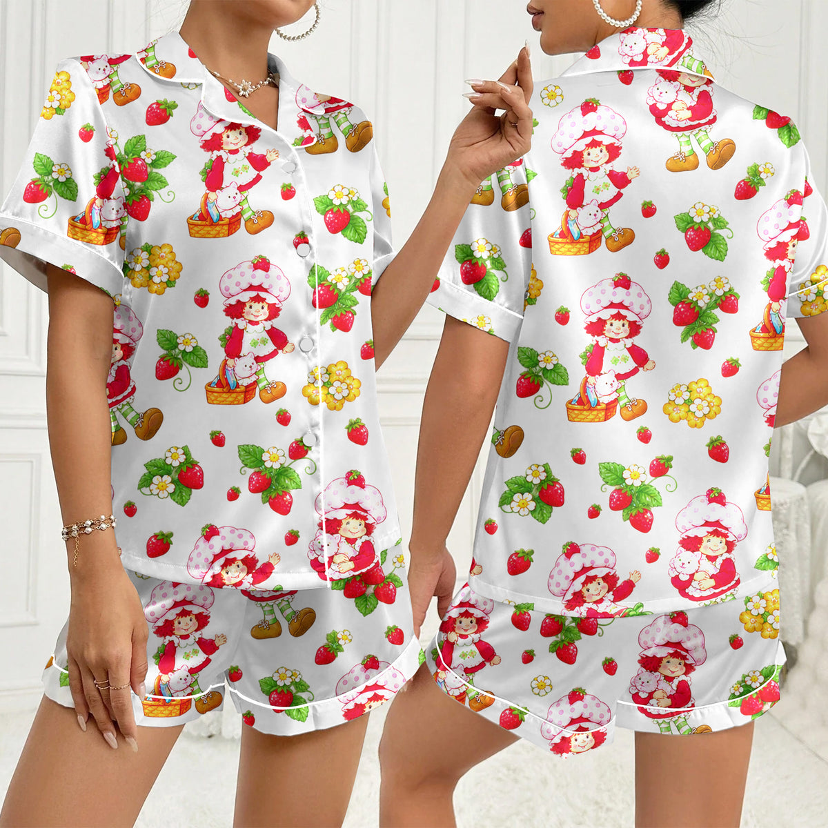 Women’s White Strawberry Shortcake Satin Pajama Set