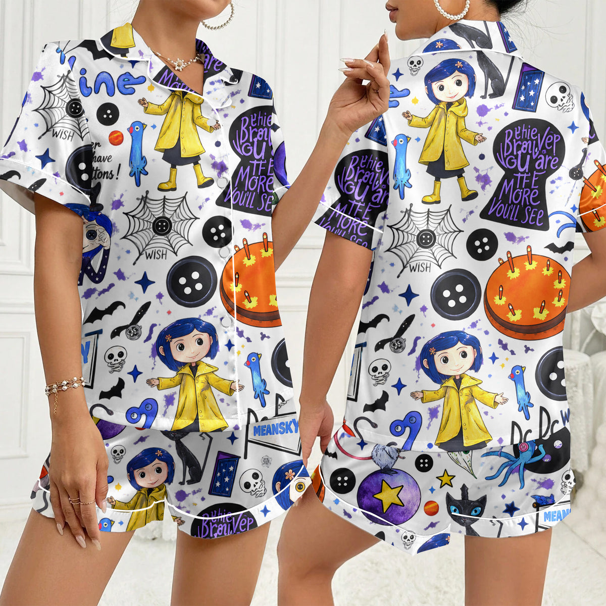 Women’s White Coraline Cartoon Satin Pajama Set