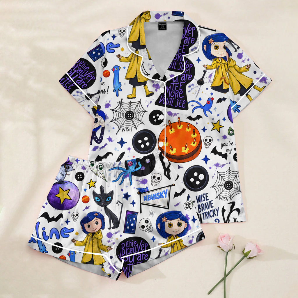 Women’s White Coraline Cartoon Satin Pajama Set