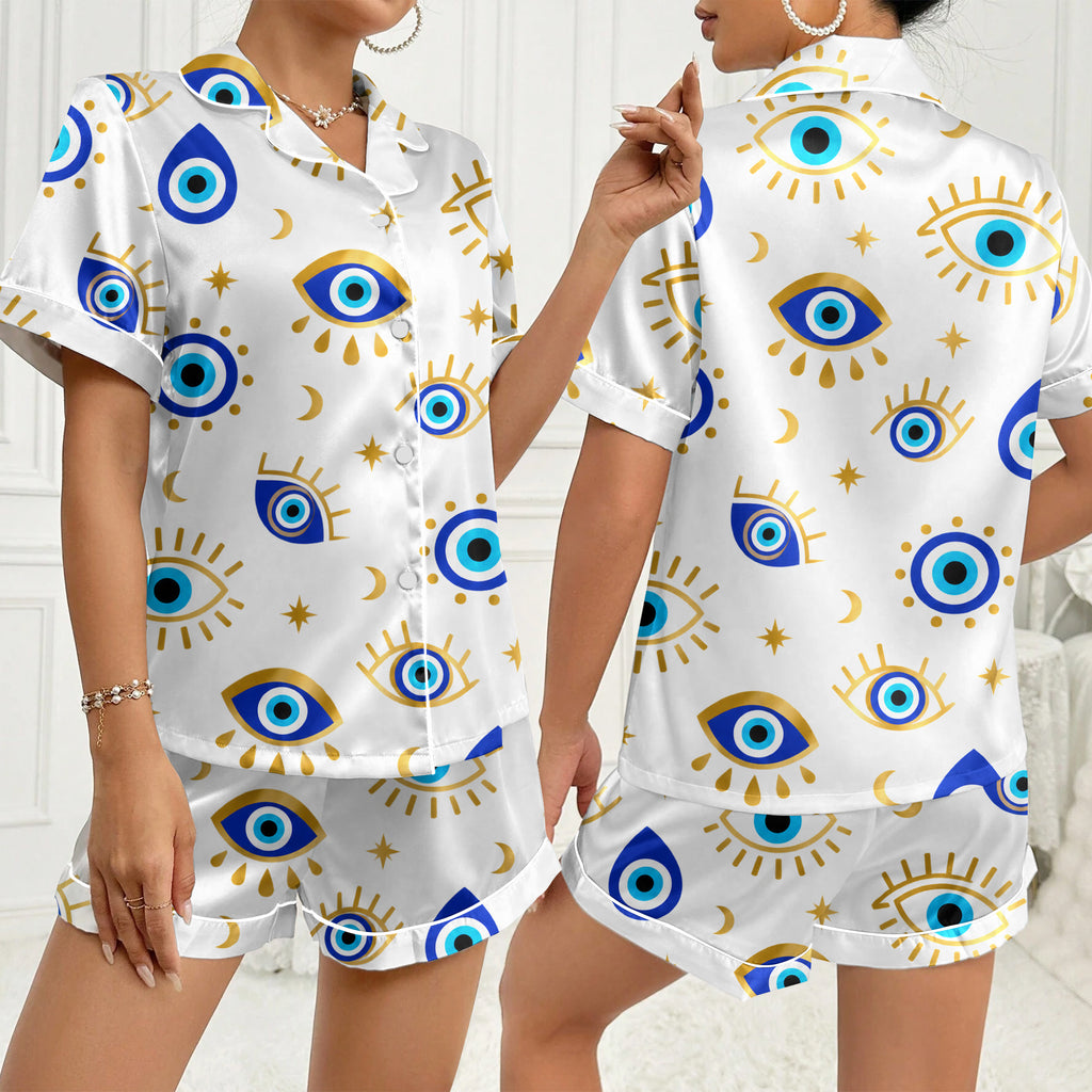 Women’s White Evil Eye Satin Pajama Set