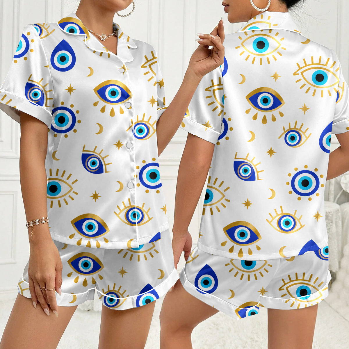 Women’s White Evil Eye Satin Pajama Set