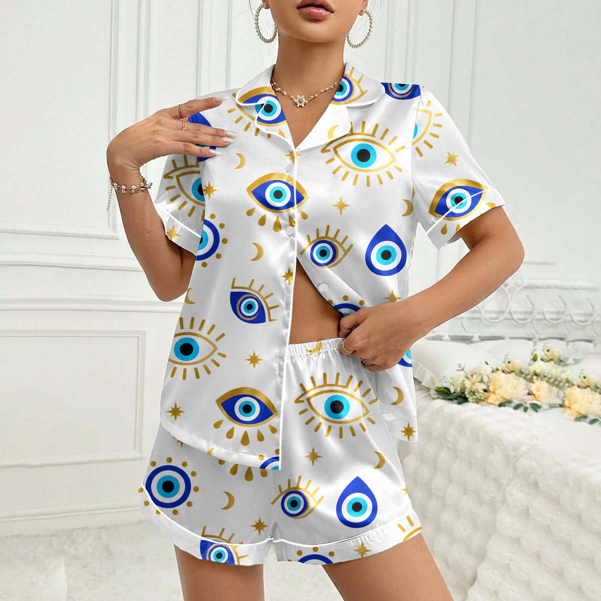 Women’s White Evil Eye Satin Pajama Set