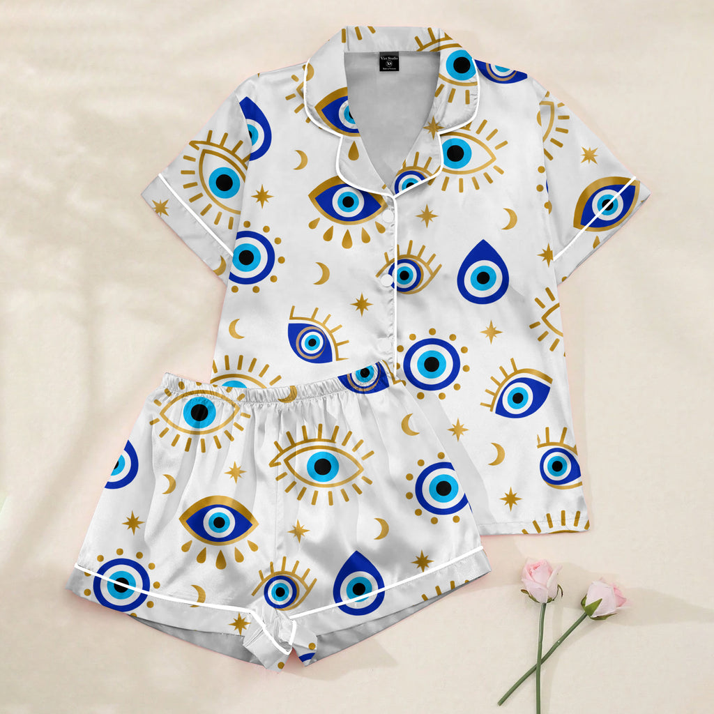 Women’s White Evil Eye Satin Pajama Set