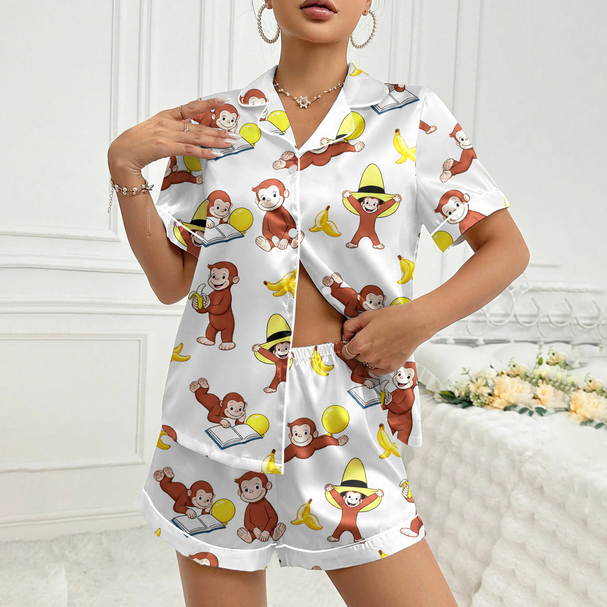 Women’s White Curious George Satin Pajama Set