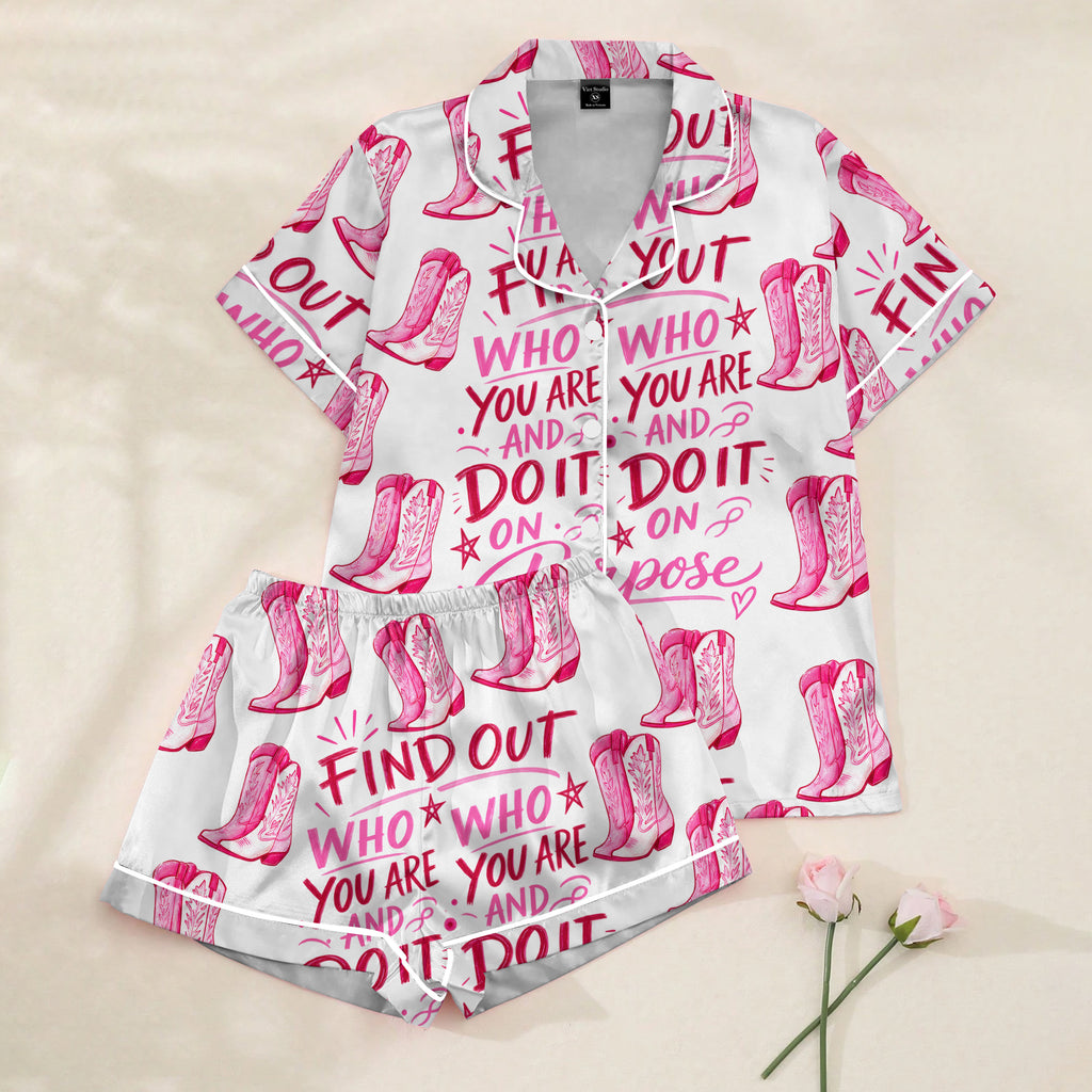 Women’s White Pink Cowgirl Boots Satin Pajama Set