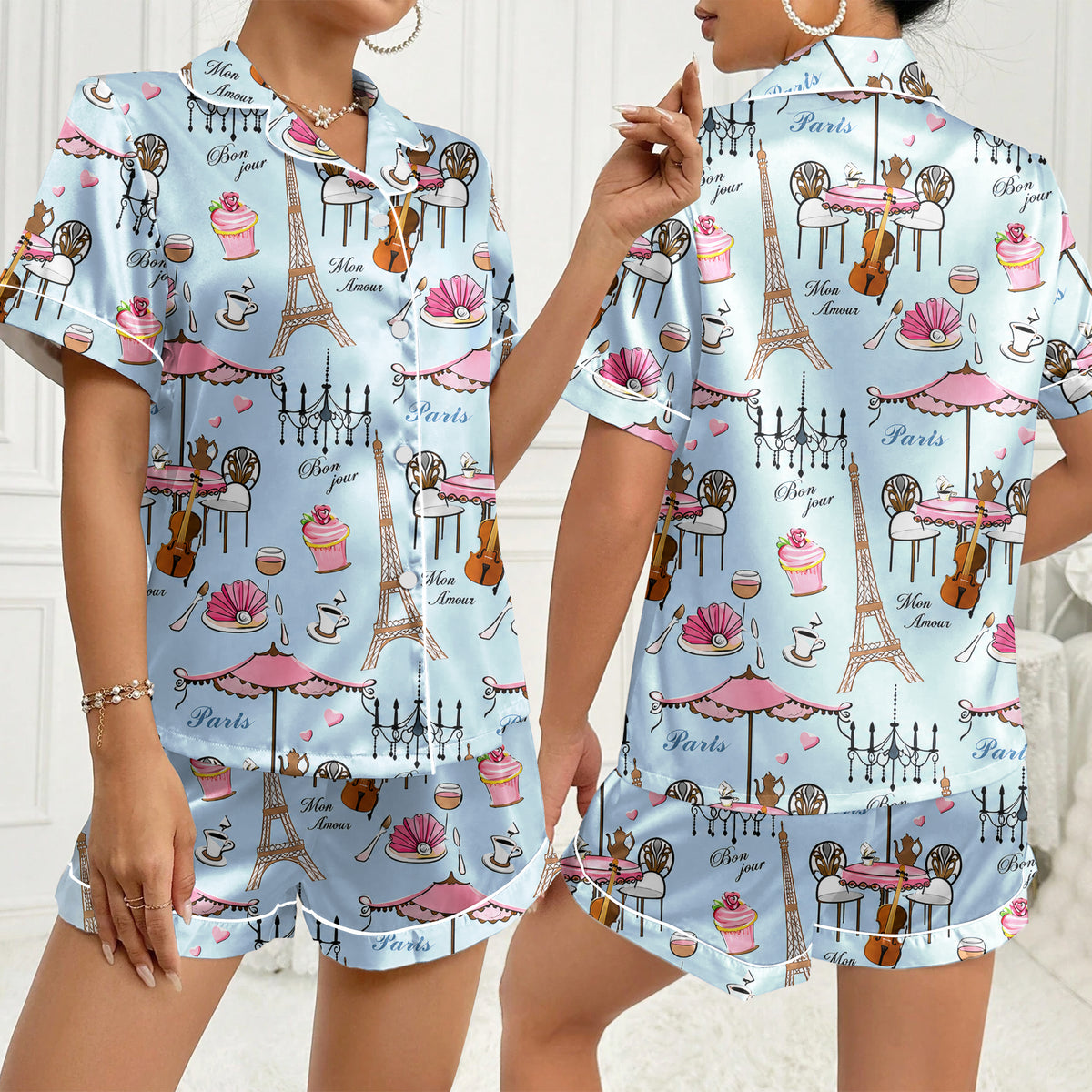Women’s Light Blue Paris Café Satin Pajama Set
