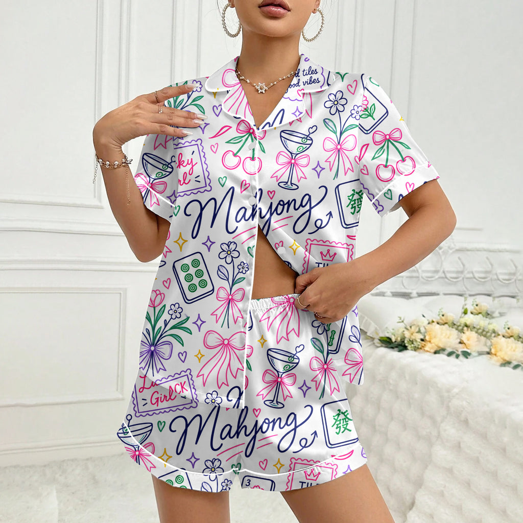 Women’s White Mahjong Lucky Girl Satin Pajama Set