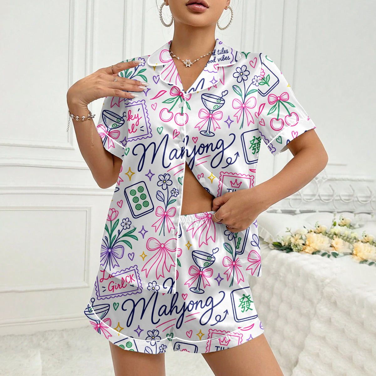 Women’s White Mahjong Lucky Girl Satin Pajama Set
