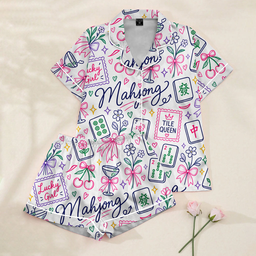 Women’s White Mahjong Lucky Girl Satin Pajama Set