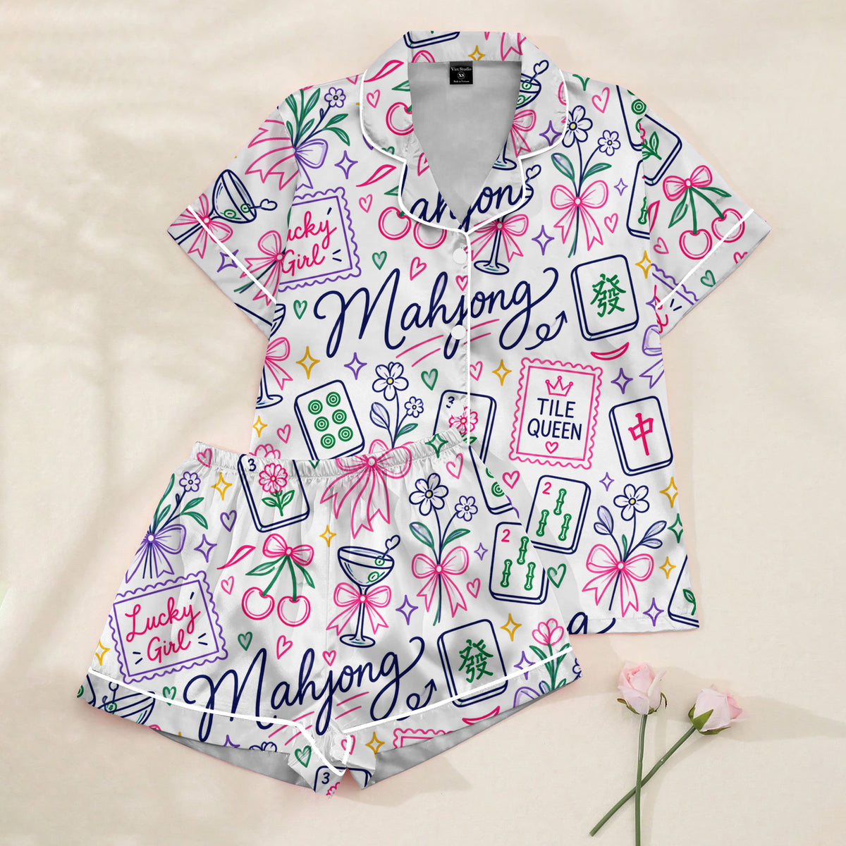 Women’s White Mahjong Lucky Girl Satin Pajama Set