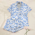 Women’s White Blue Shark Satin Pajama Set