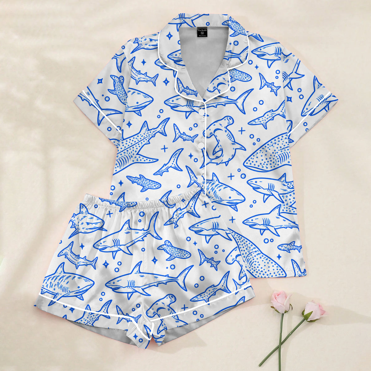 Women’s White Blue Shark Satin Pajama Set