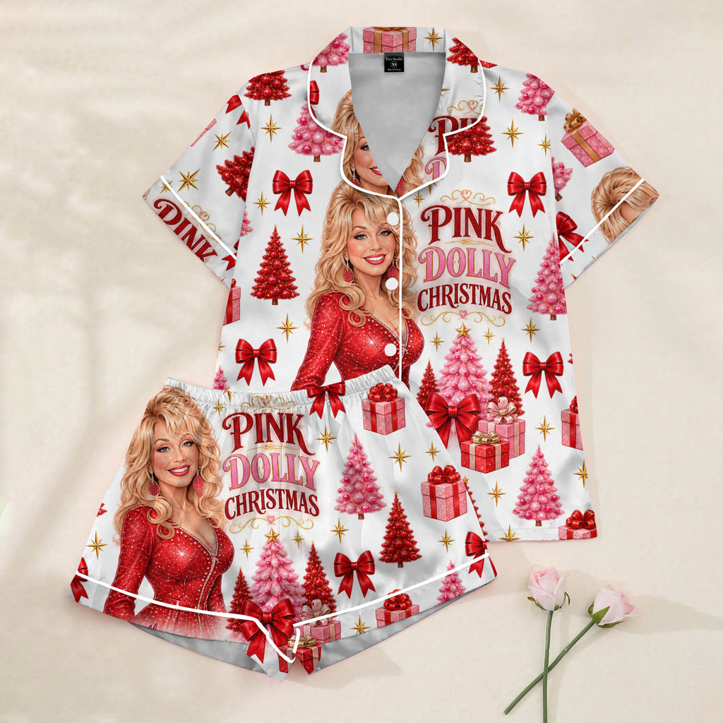 Women’s Dolly Parton Pink Christmas Satin Pajama Set