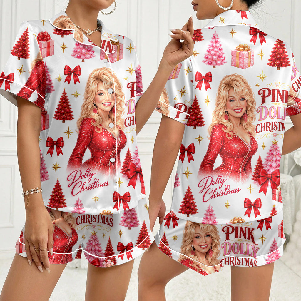 Women’s Dolly Parton Pink Christmas Satin Pajama Set