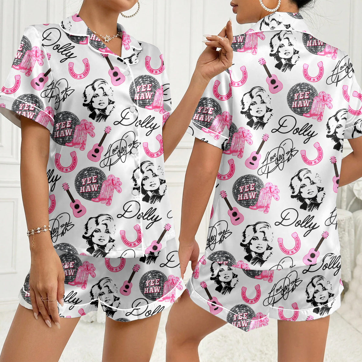 Women’s Dolly Western Guitar and Cowboy Boot Short Sleeve Pajama Set