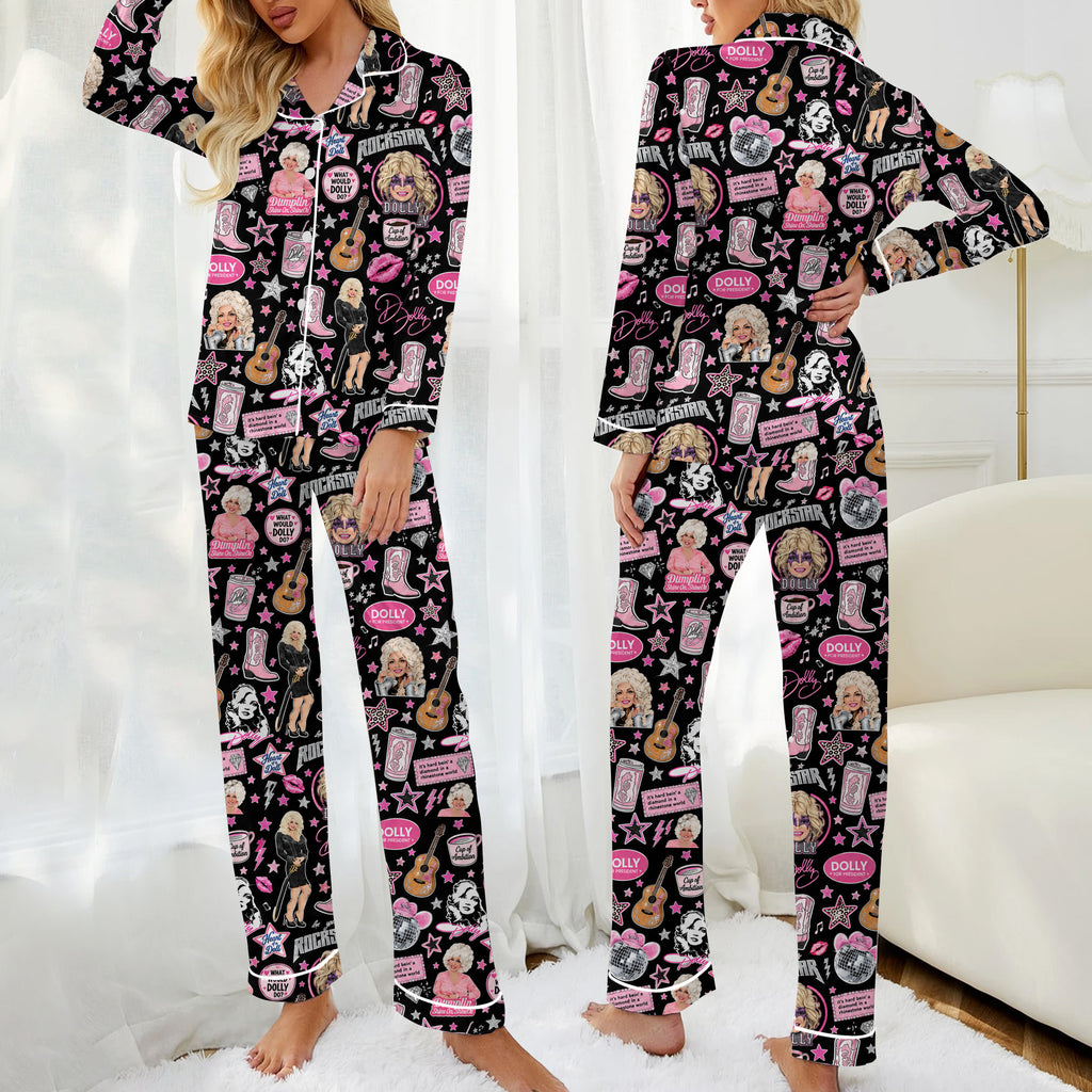 Women’s Dolly Country Music Collage Long Sleeve Pajama Set