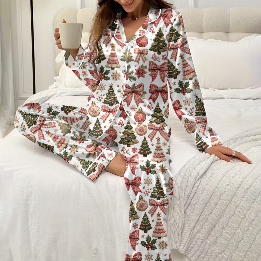 Women’s Vintage Christmas Tree and Bow Pattern Long Sleeve Pajama Set