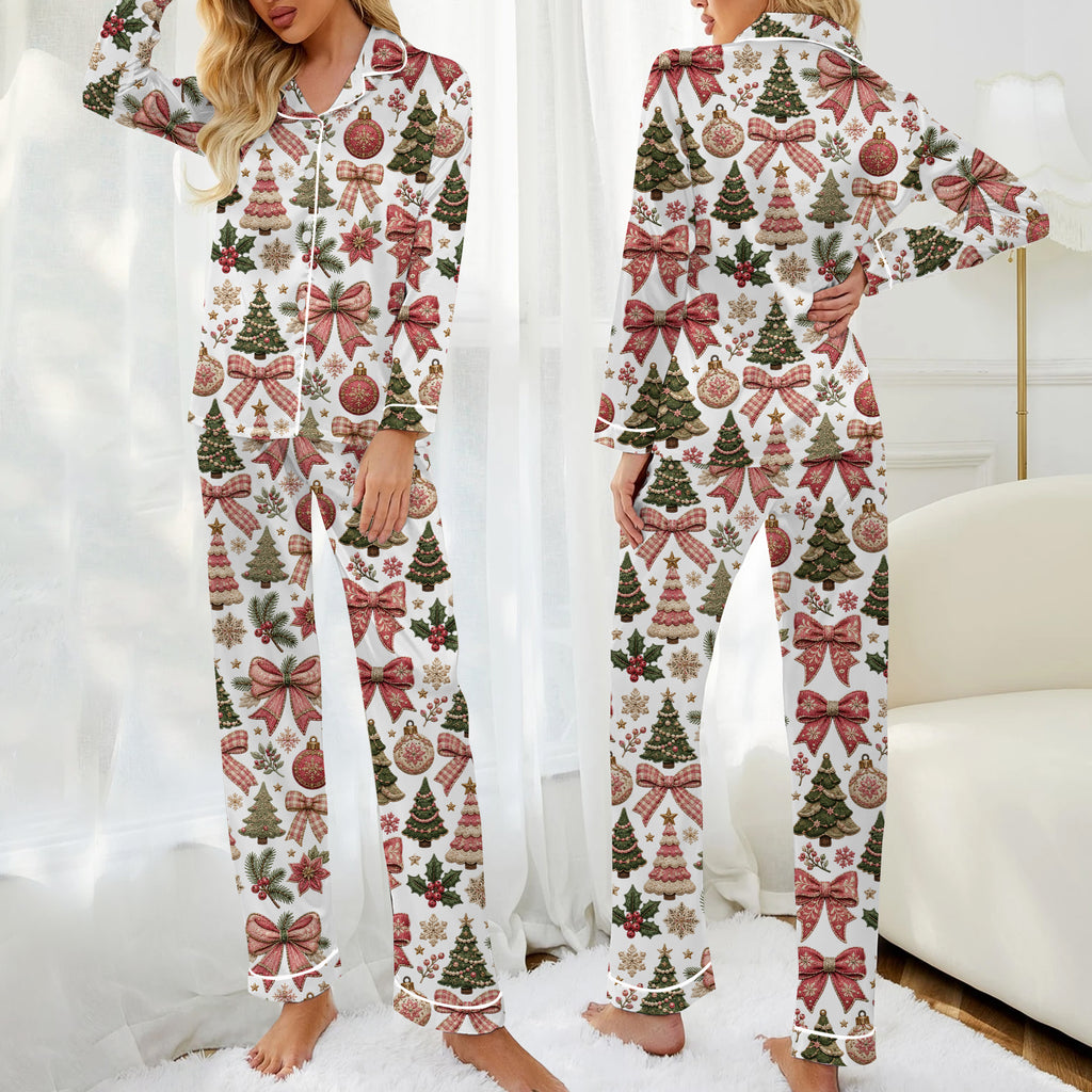 Women’s Vintage Christmas Tree and Bow Pattern Long Sleeve Pajama Set