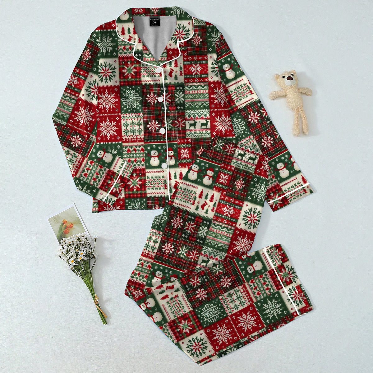 Women’s Christmas Patchwork Snowflake and Snowman Long Sleeve Pajama Set