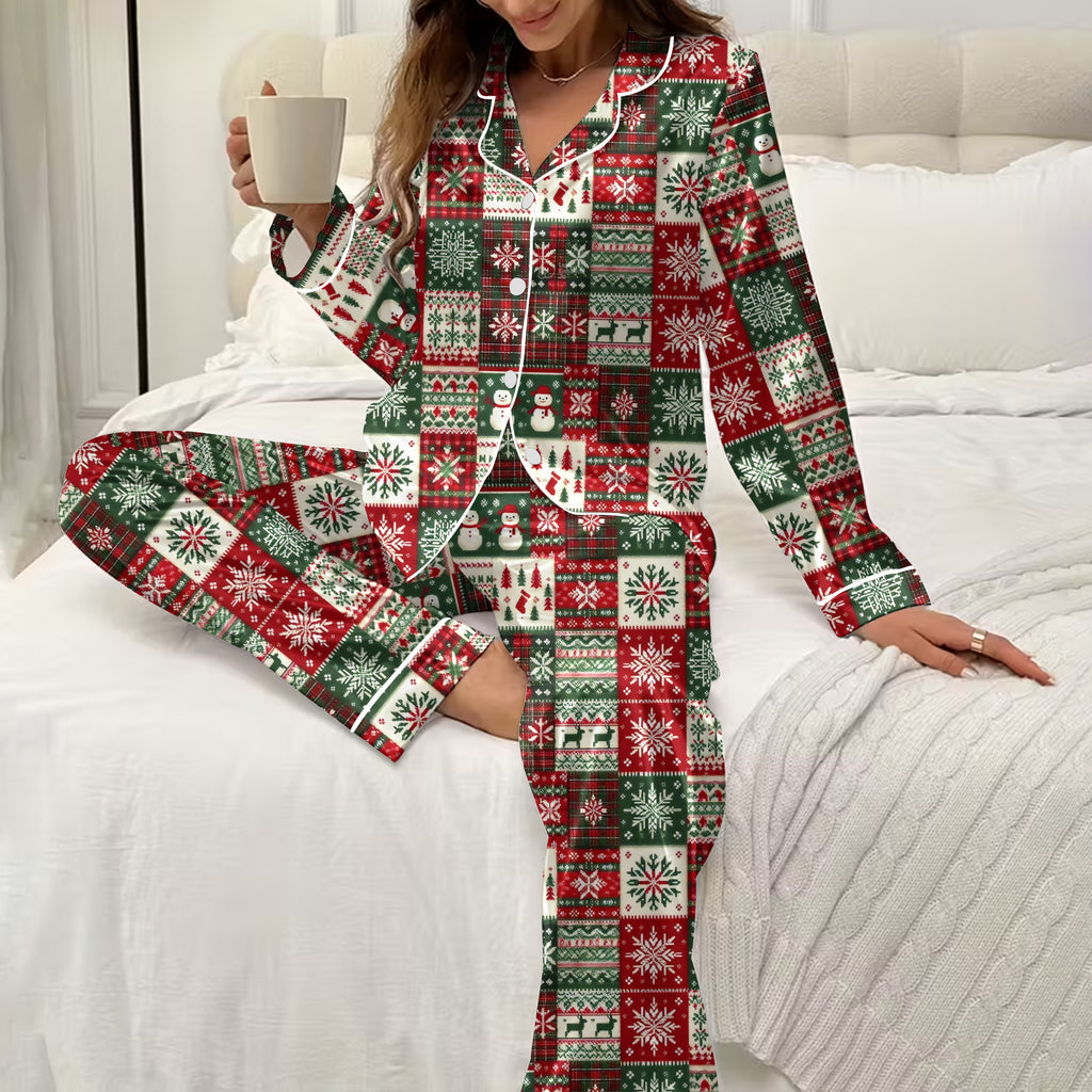 Women’s Christmas Patchwork Snowflake and Snowman Long Sleeve Pajama Set