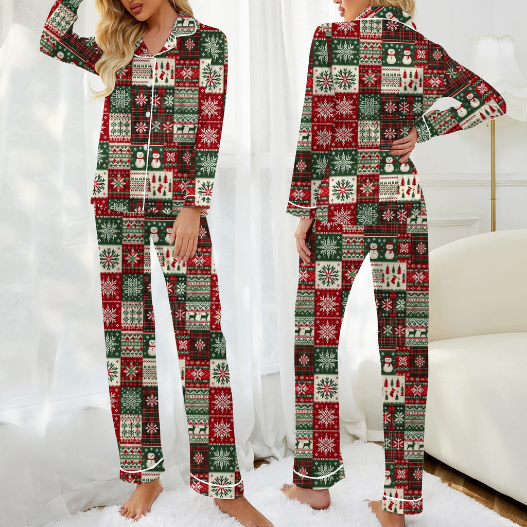 Women’s Christmas Patchwork Snowflake and Snowman Long Sleeve Pajama Set