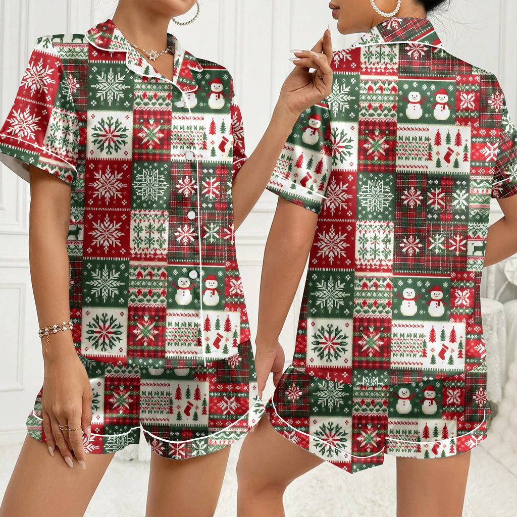 Women’s Christmas Patchwork Snowflake Satin Pajama Set