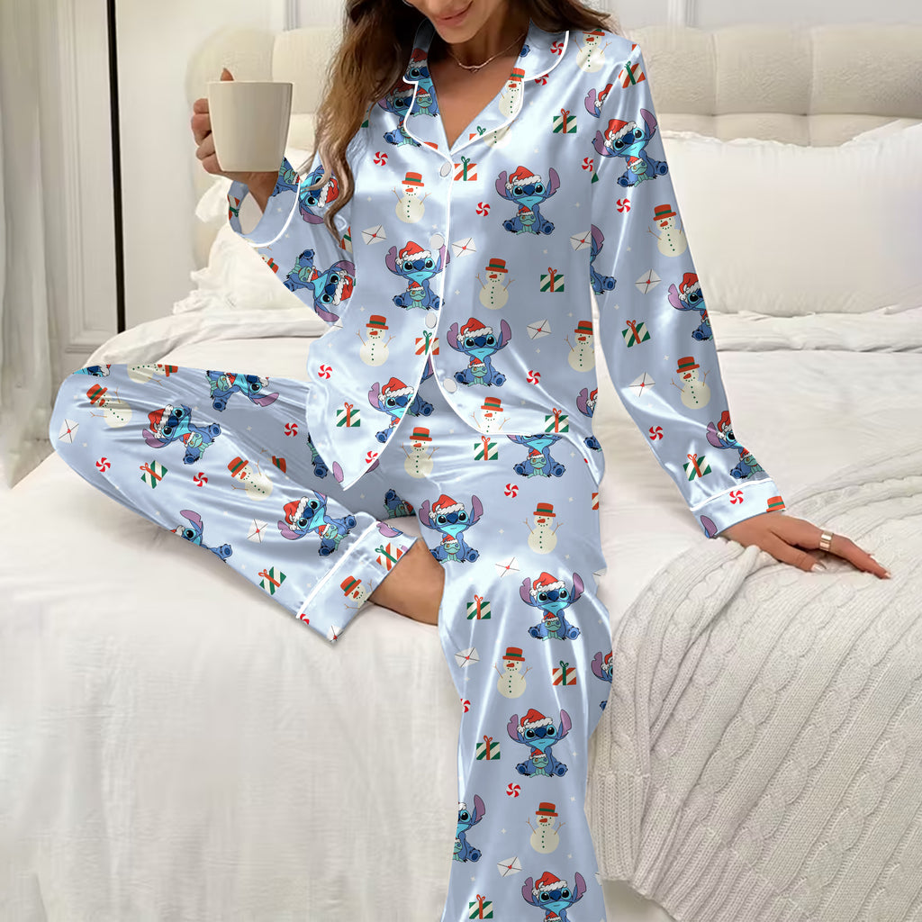 Women’s Disney Stitch Christmas Snowman Long Sleeve Pajama Set