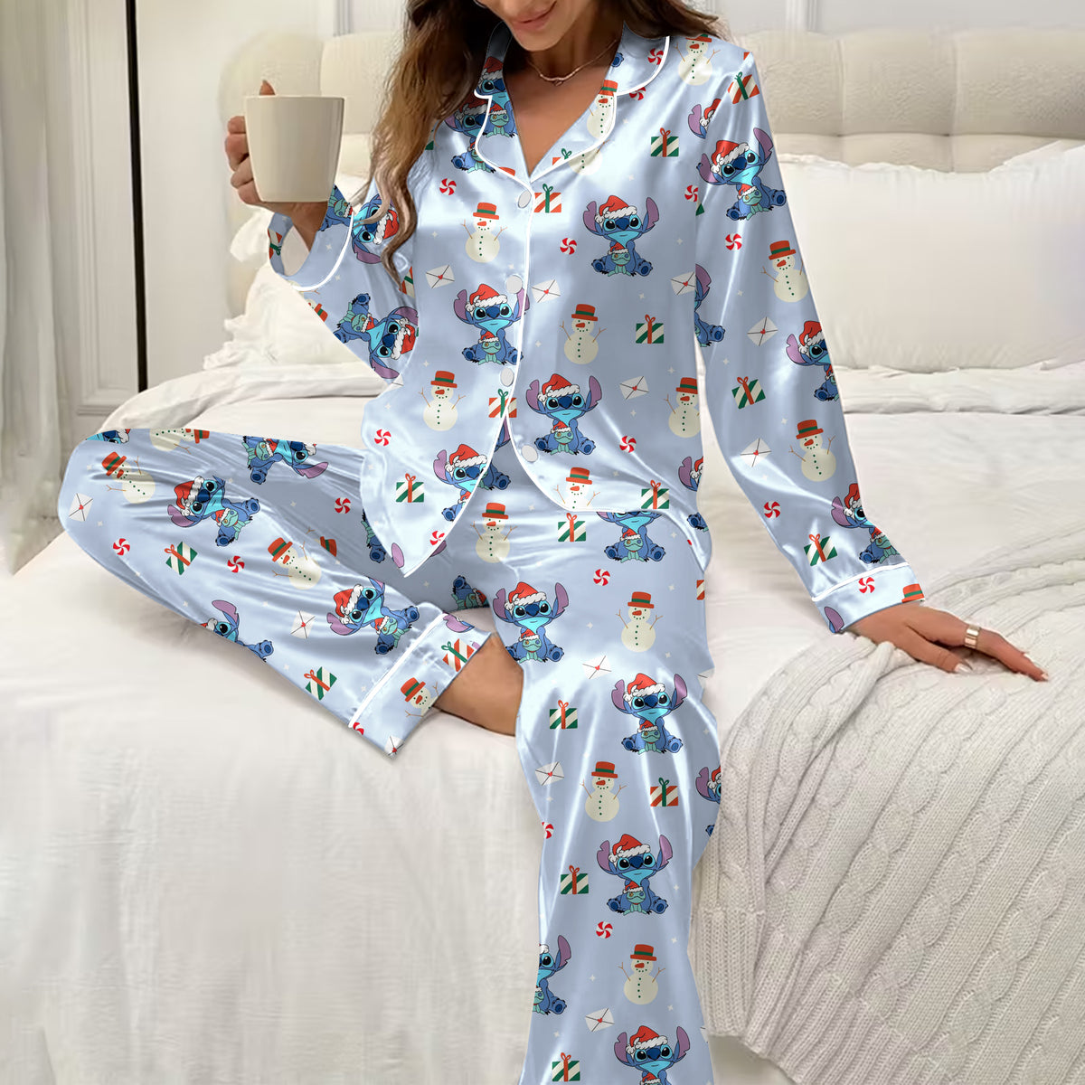 Women’s Disney Stitch Christmas Snowman Long Sleeve Pajama Set
