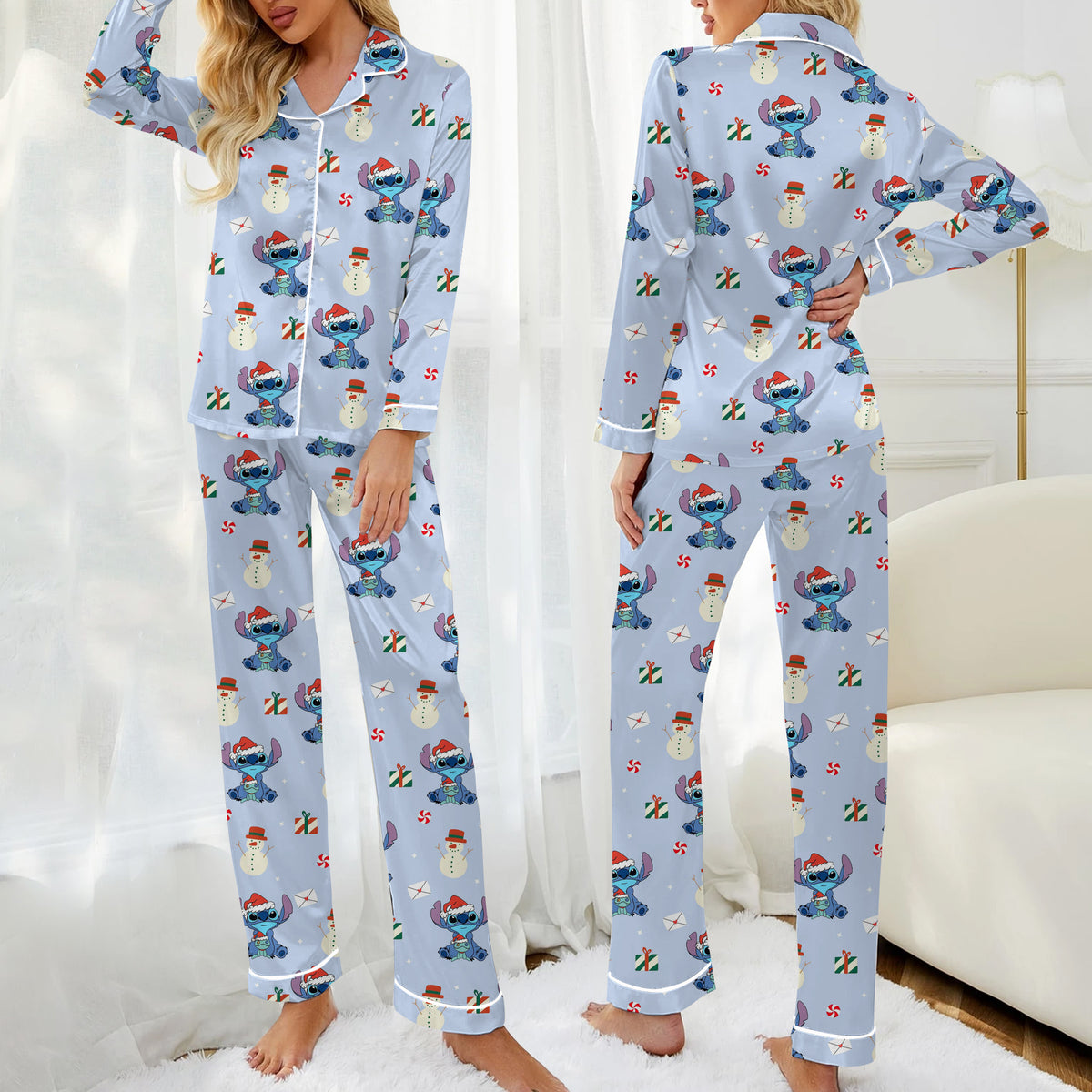 Women’s Disney Stitch Christmas Snowman Long Sleeve Pajama Set