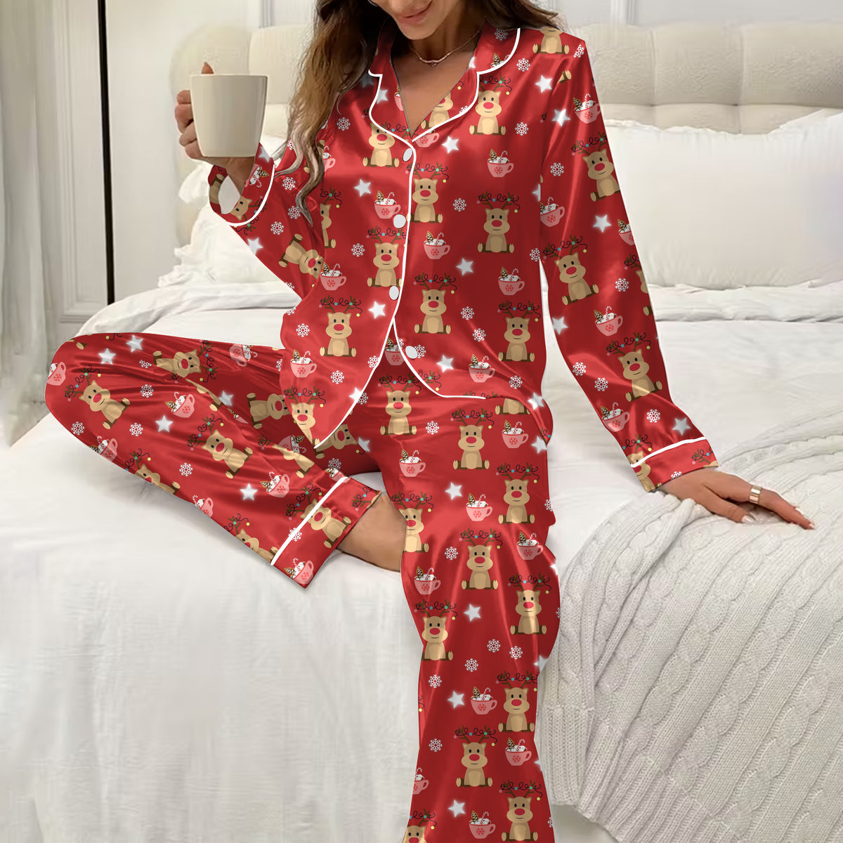 Women’s Christmas Reindeer and Hot Cocoa Long Sleeve Pajama Set