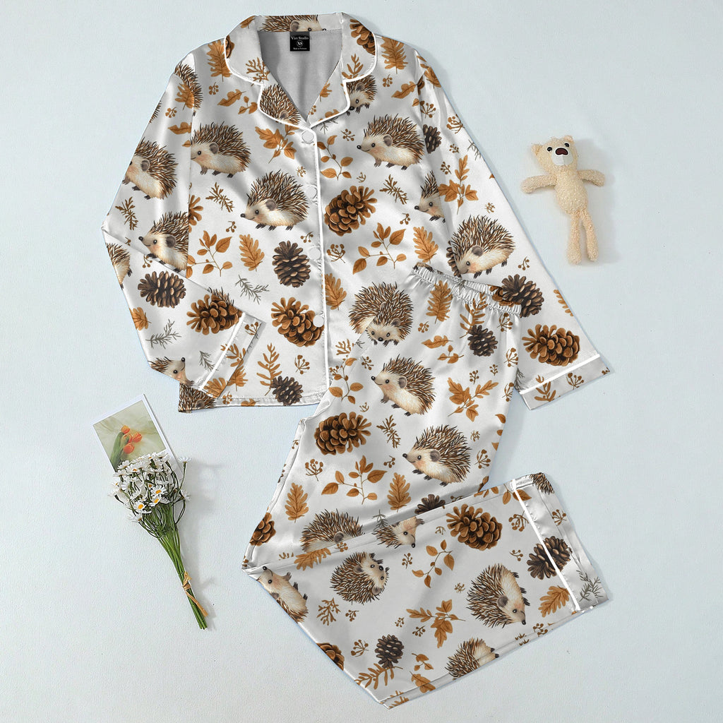 Women’s Hedgehog and Autumn Leaf Pattern Long Sleeve Pajama Set