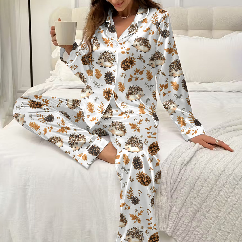 Women’s Hedgehog and Autumn Leaf Pattern Long Sleeve Pajama Set