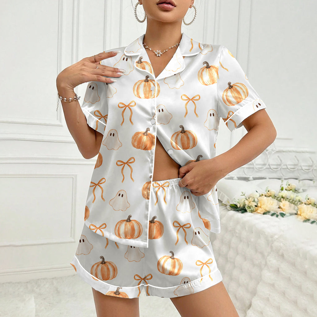 Women’s Halloween Ghost Pumpkin and Bow Short Sleeve Pajama Set