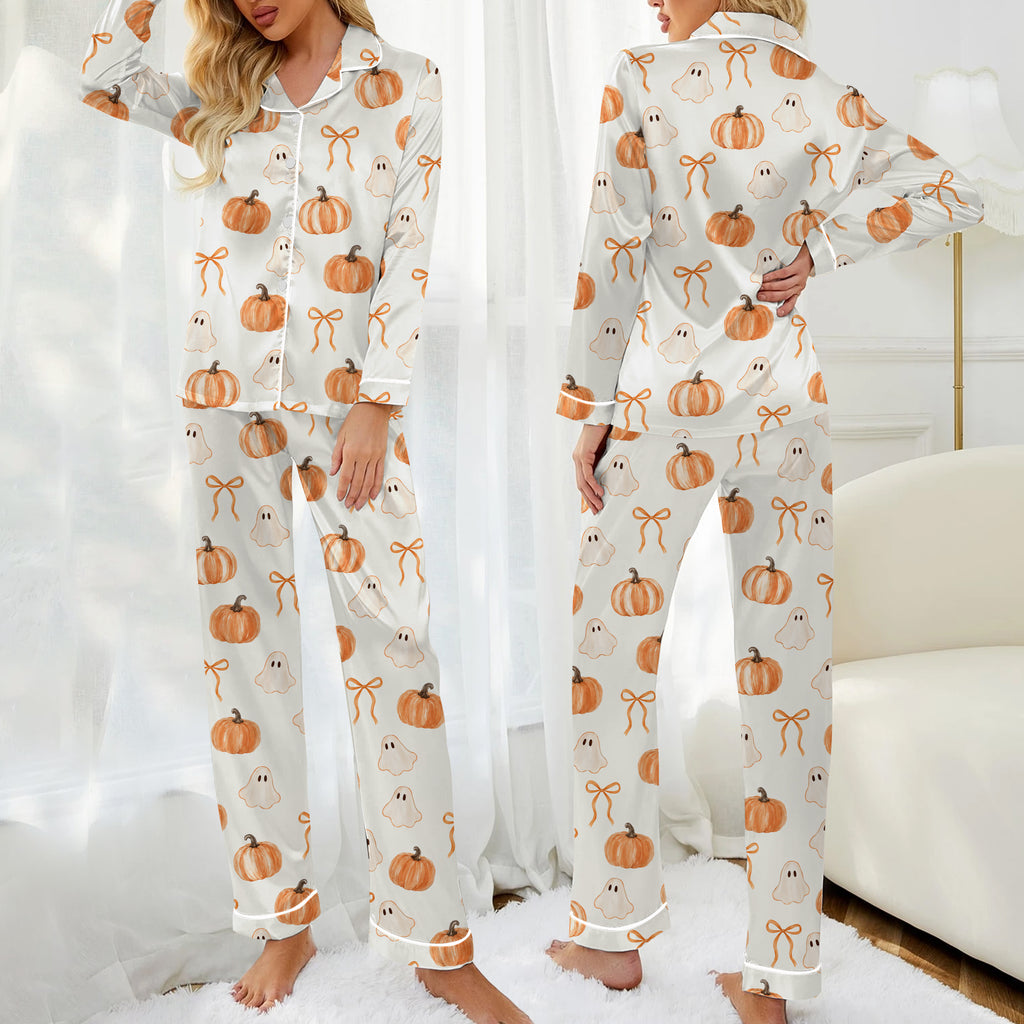 Women’s Halloween Ghost Pumpkin and Bow Long Sleeve Pajama Set