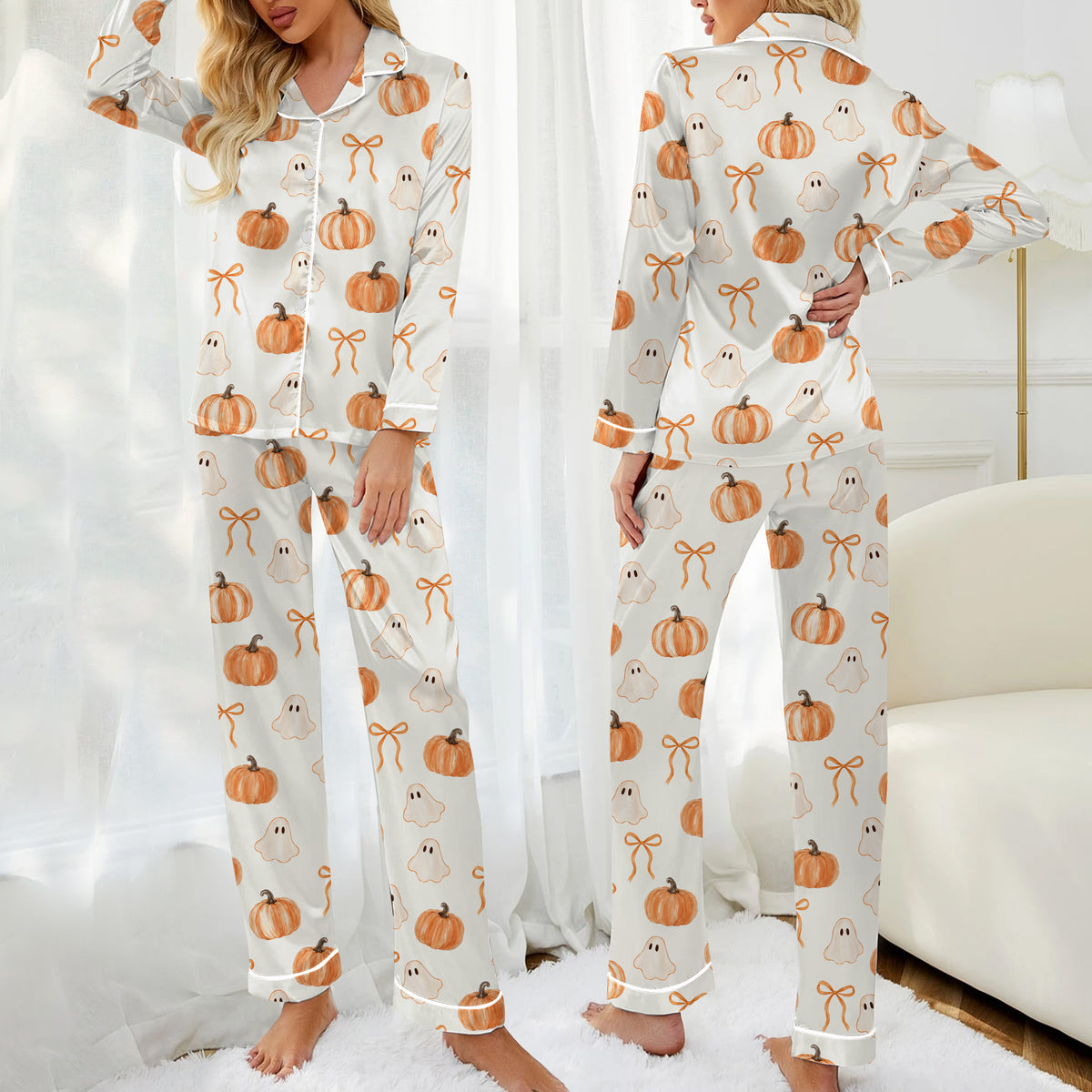 Women’s Halloween Ghost Pumpkin and Bow Long Sleeve Pajama Set