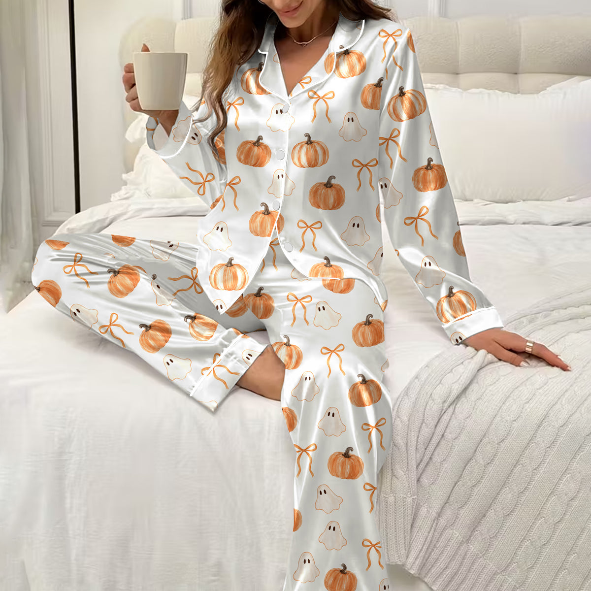 Women’s Halloween Ghost Pumpkin and Bow Long Sleeve Pajama Set