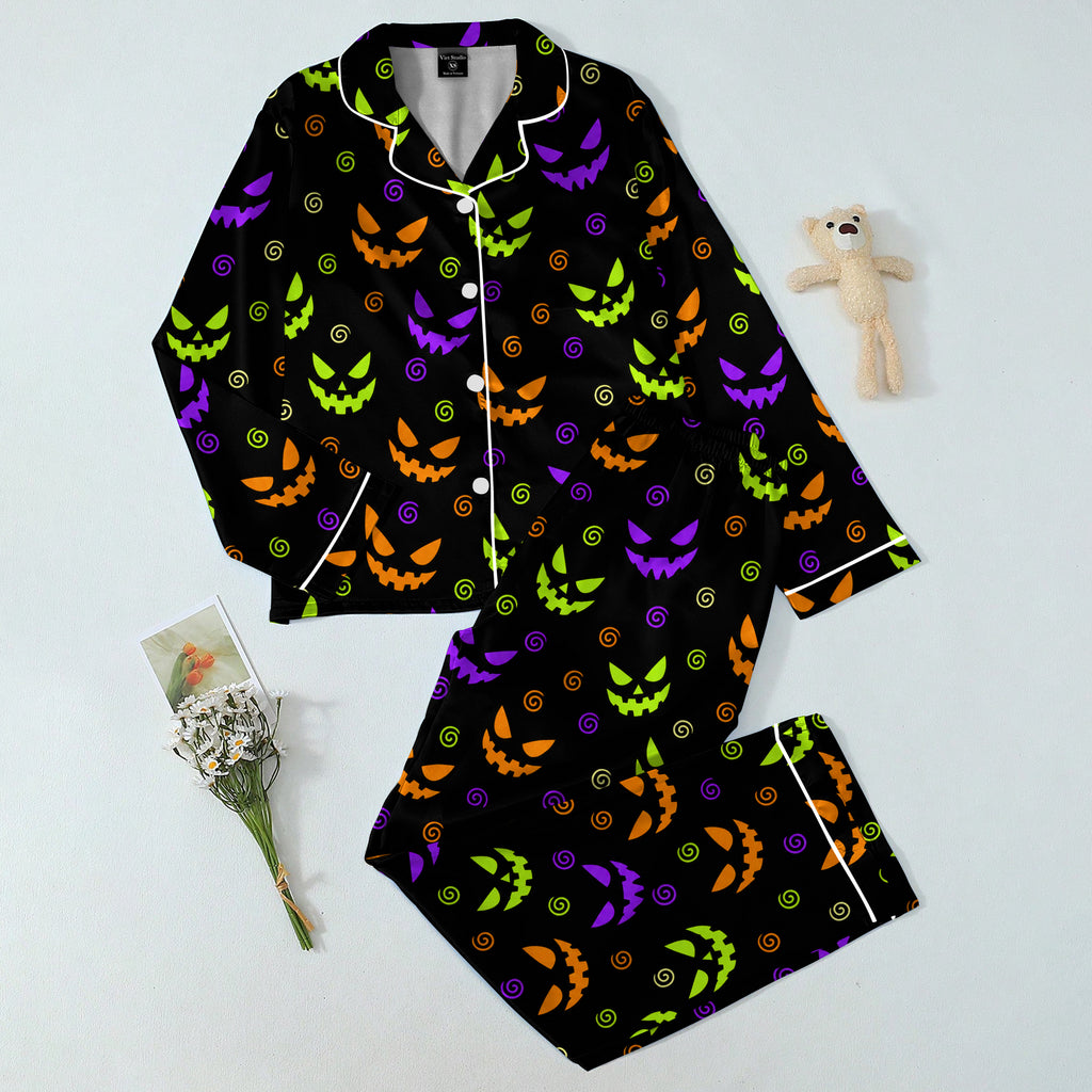 Women’s Halloween Jack-o’-Lantern Face Pattern Long Sleeve Pajama Set