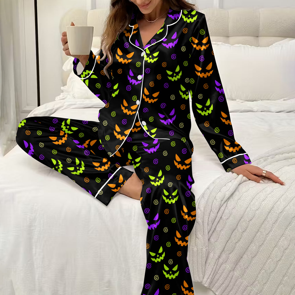 Women’s Halloween Jack-o’-Lantern Face Pattern Long Sleeve Pajama Set
