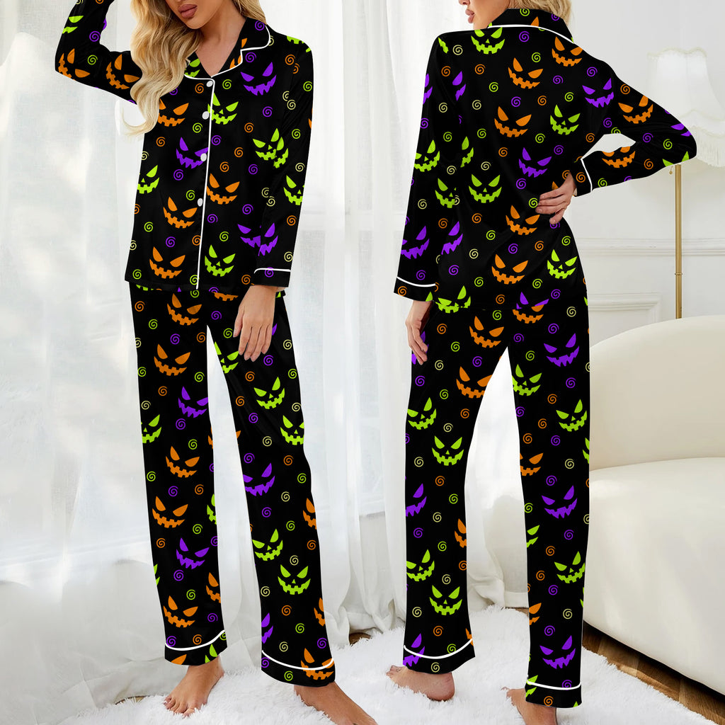 Women’s Halloween Jack-o’-Lantern Face Pattern Long Sleeve Pajama Set