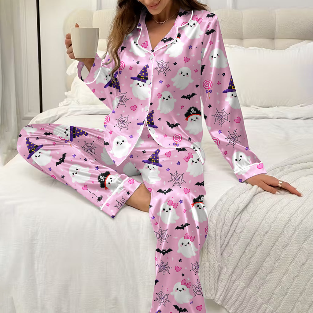Women’s Halloween Ghost and Witch Hat Pattern Long Sleeve Pajama Set