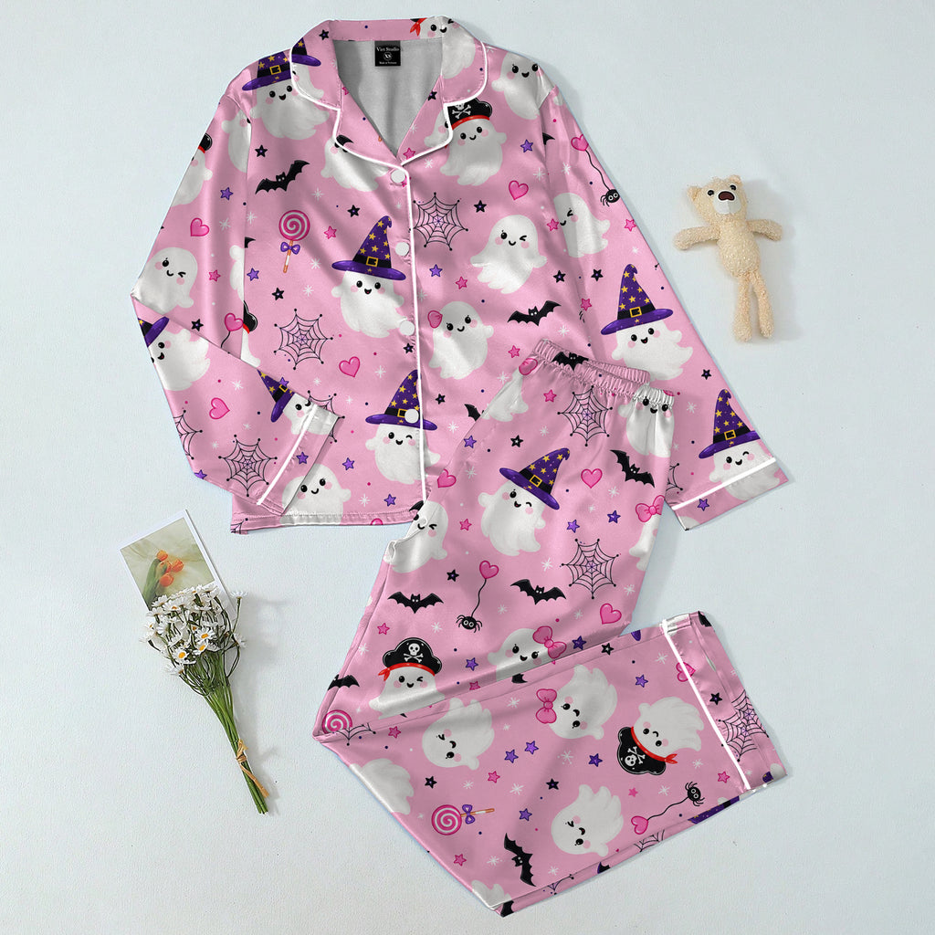 Women’s Halloween Ghost and Witch Hat Pattern Long Sleeve Pajama Set
