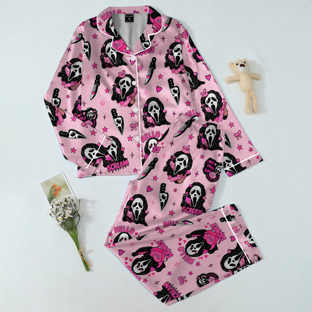 Women’s Ghostface Heart and Bow Pattern Long Sleeve Pajama Set