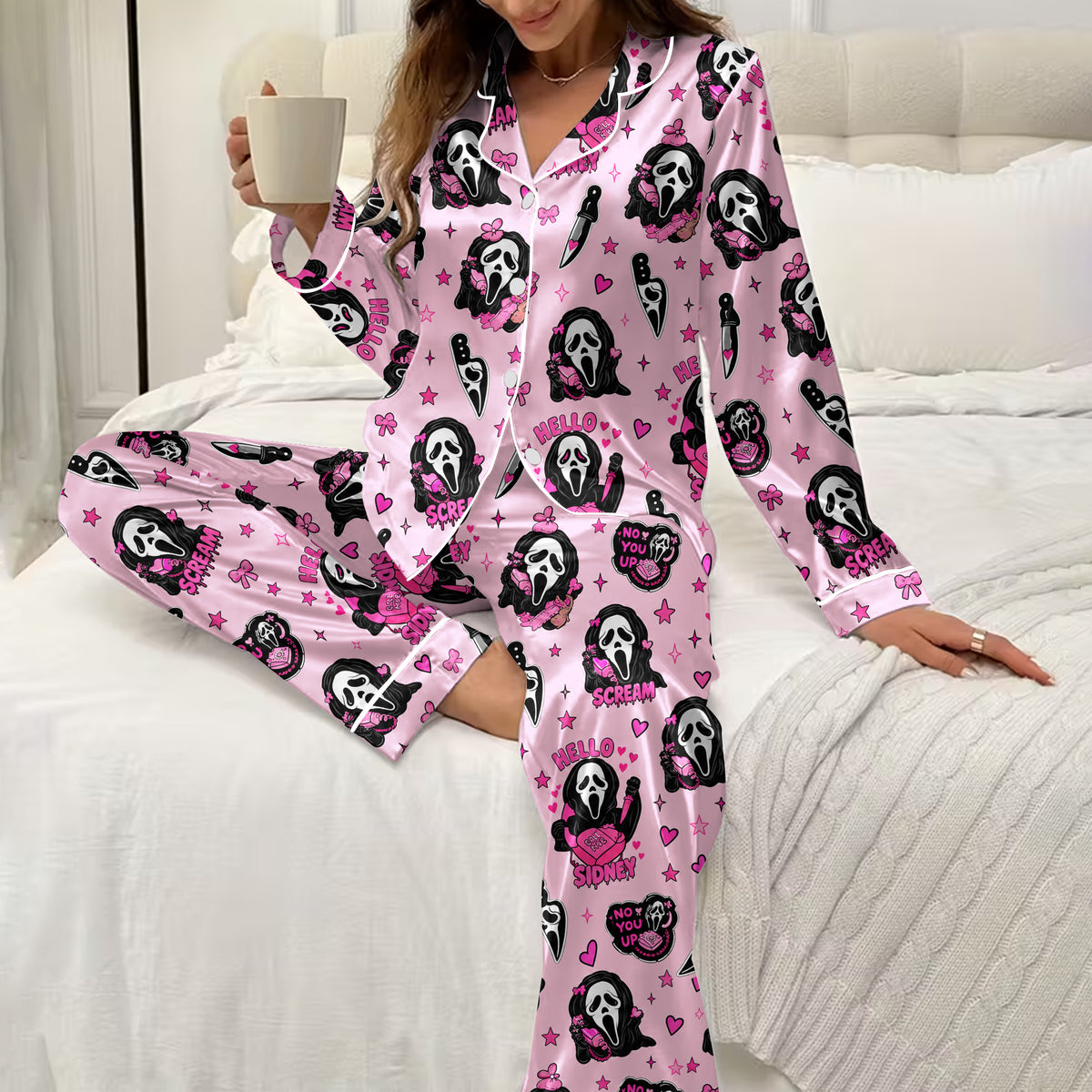 Women’s Ghostface Heart and Bow Pattern Long Sleeve Pajama Set
