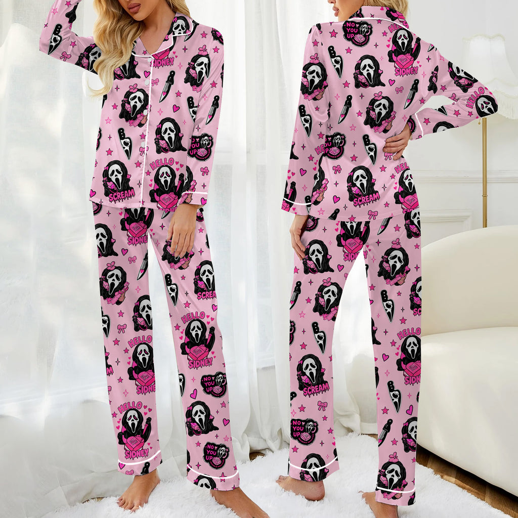 Women’s Ghostface Heart and Bow Pattern Long Sleeve Pajama Set